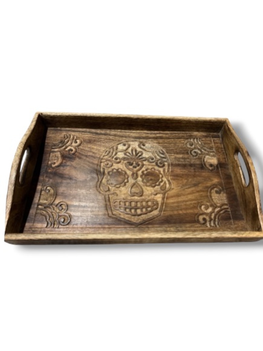 Mexican Skull Engraved Wooden Tray Home Decor Wood Furniture Made in India NWOT
